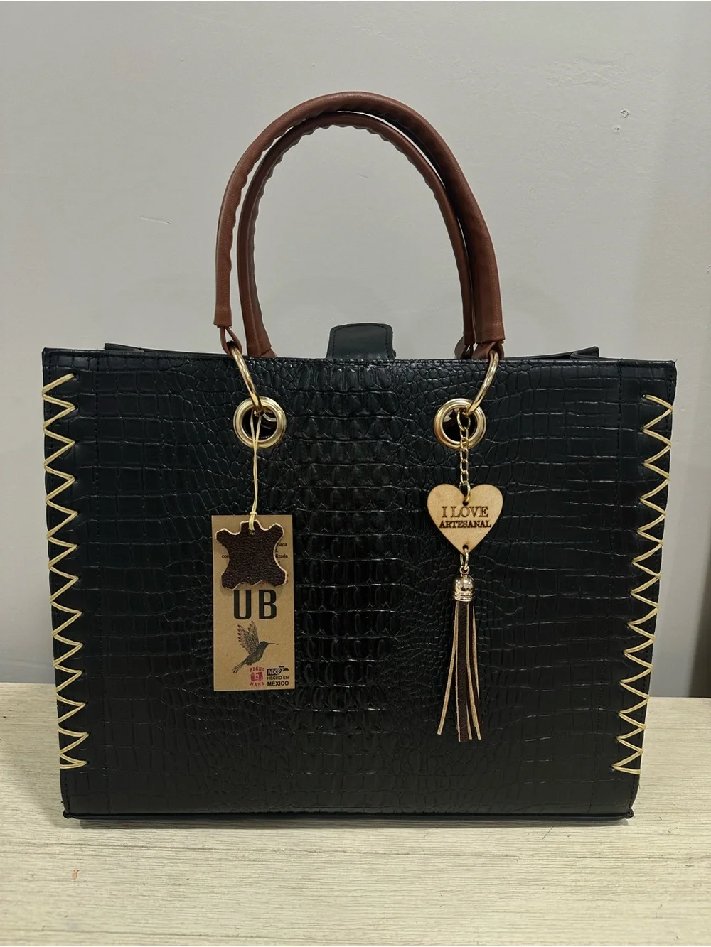 Black Croc-Embossed Mexican leather Tote with Brown Handles